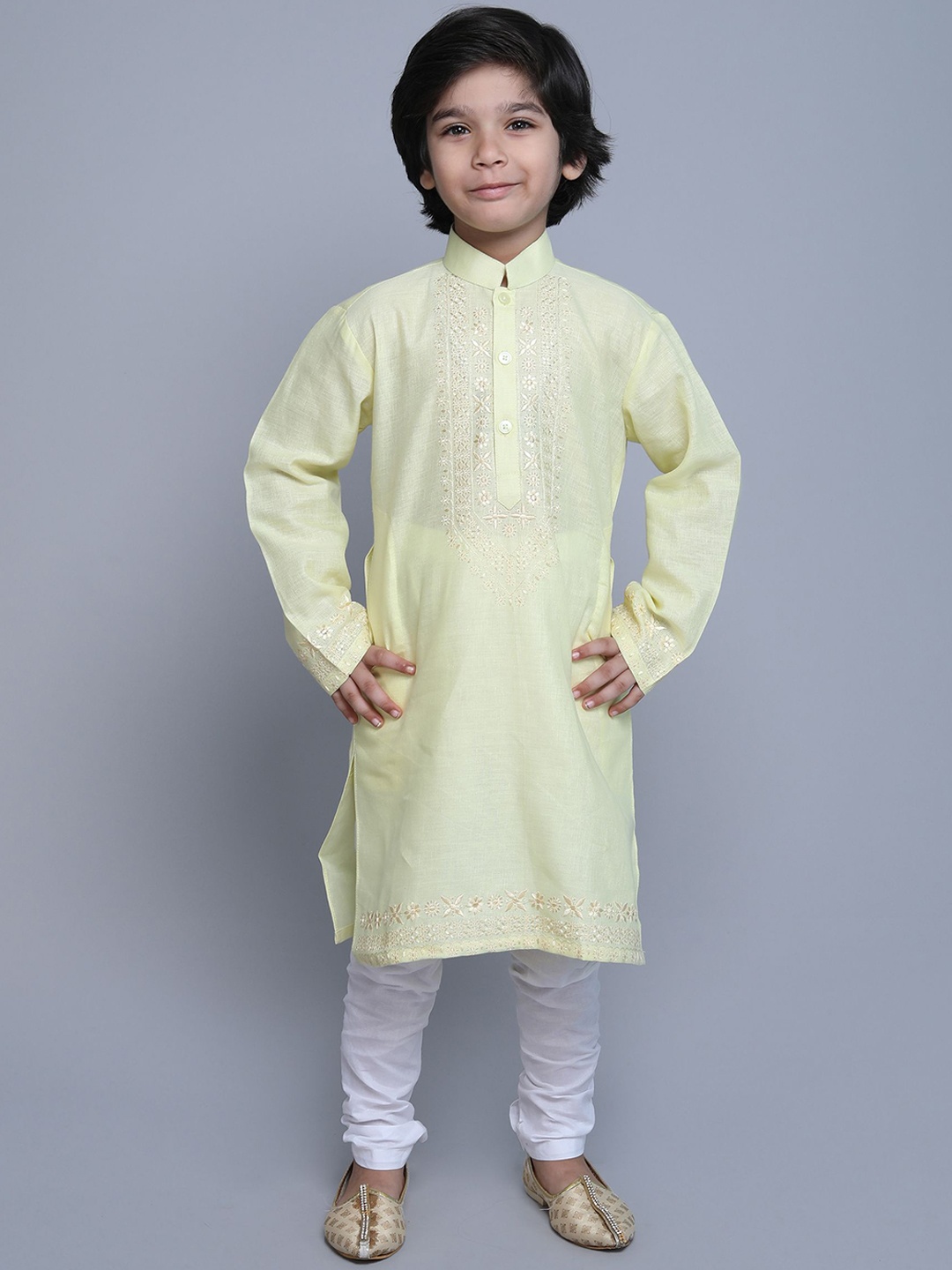 

Little Clothings Boys Floral Embroidered Zari Work Linen Straight Kurta With Churidar, Yellow