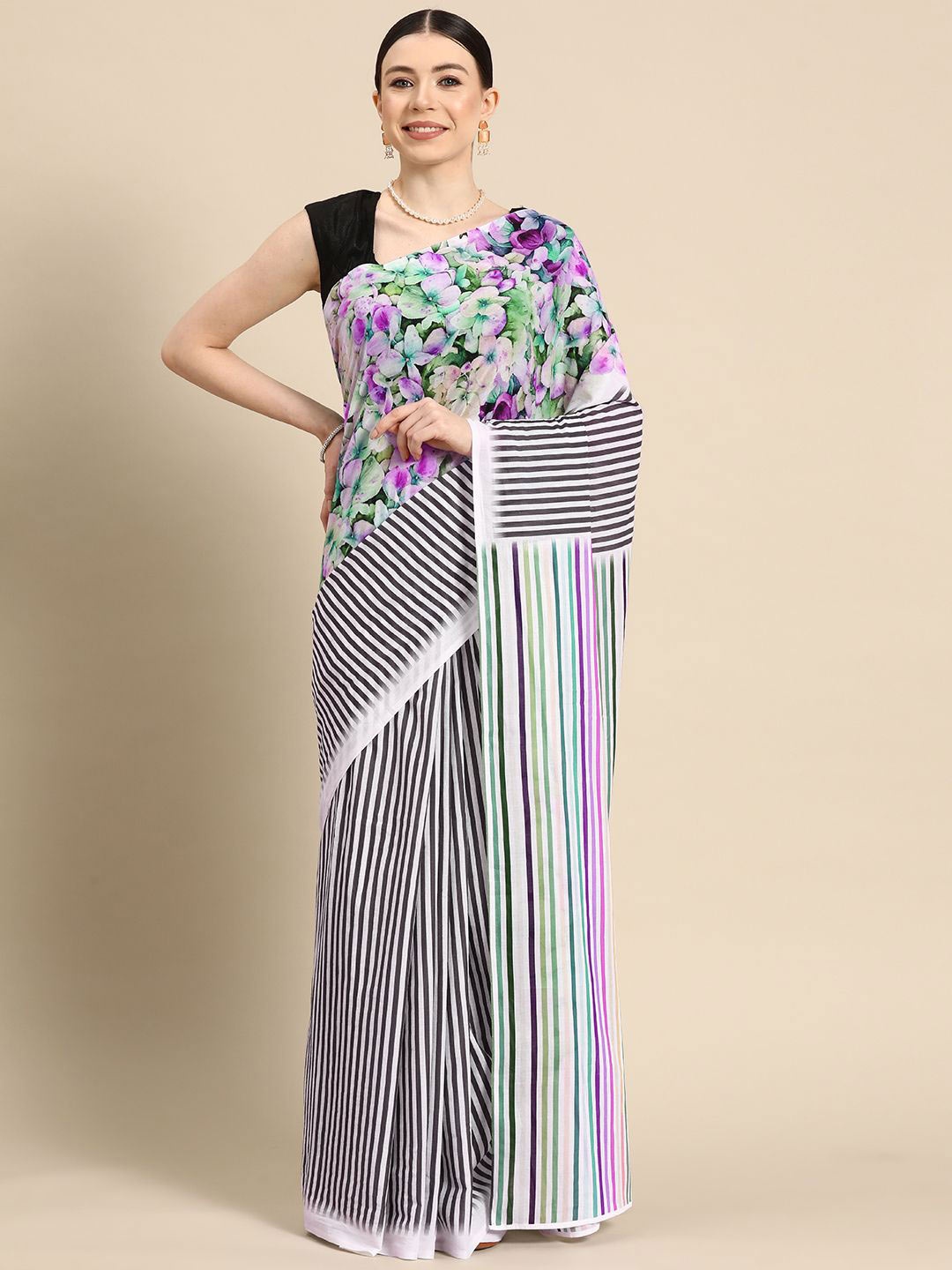 

BUTA BUTI Floral Pure Cotton Saree, Black