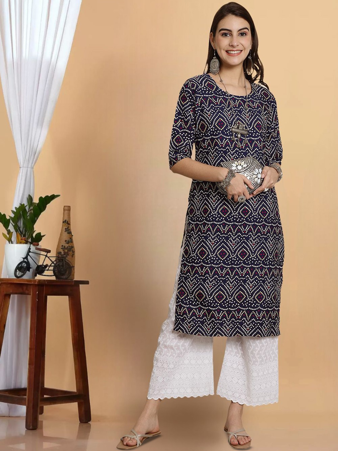 

7Threads Bandhani Printed Round Neck Straight Kurta, Navy blue