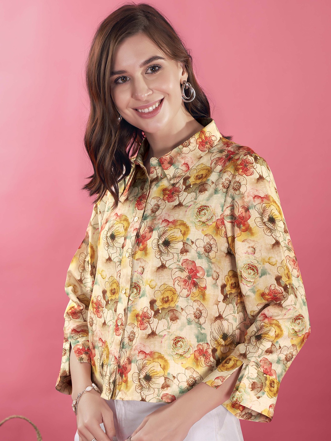 

Anouk Women Floral Printed Shirt Collar Top, Yellow