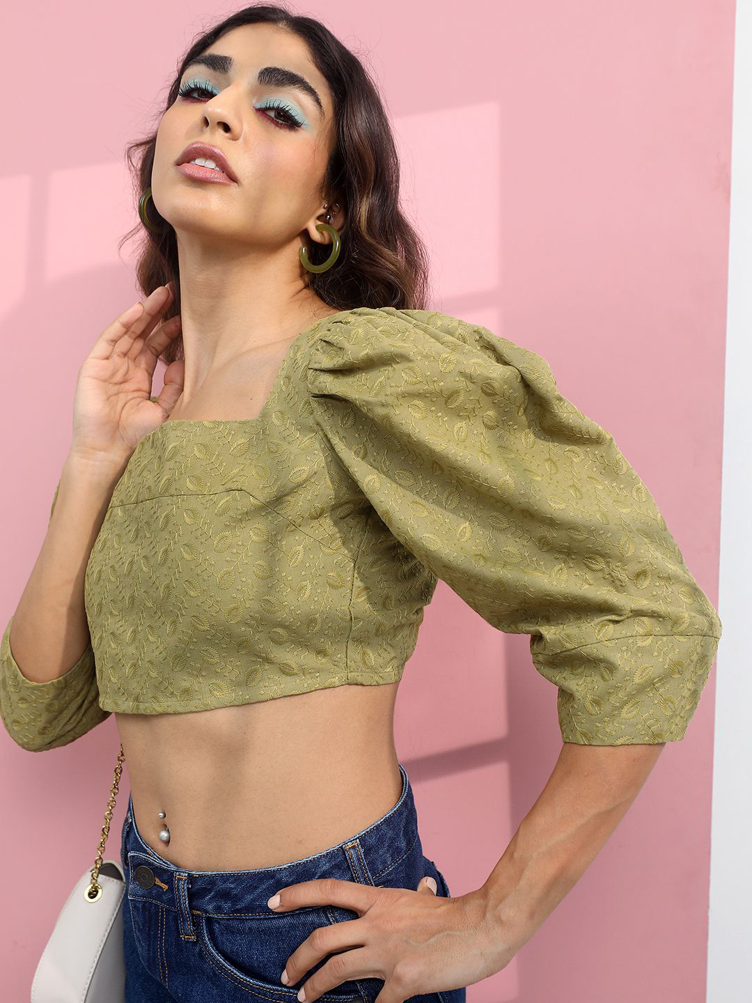 

Tokyo Talkies Print Puff Sleeve Crop Top, Green