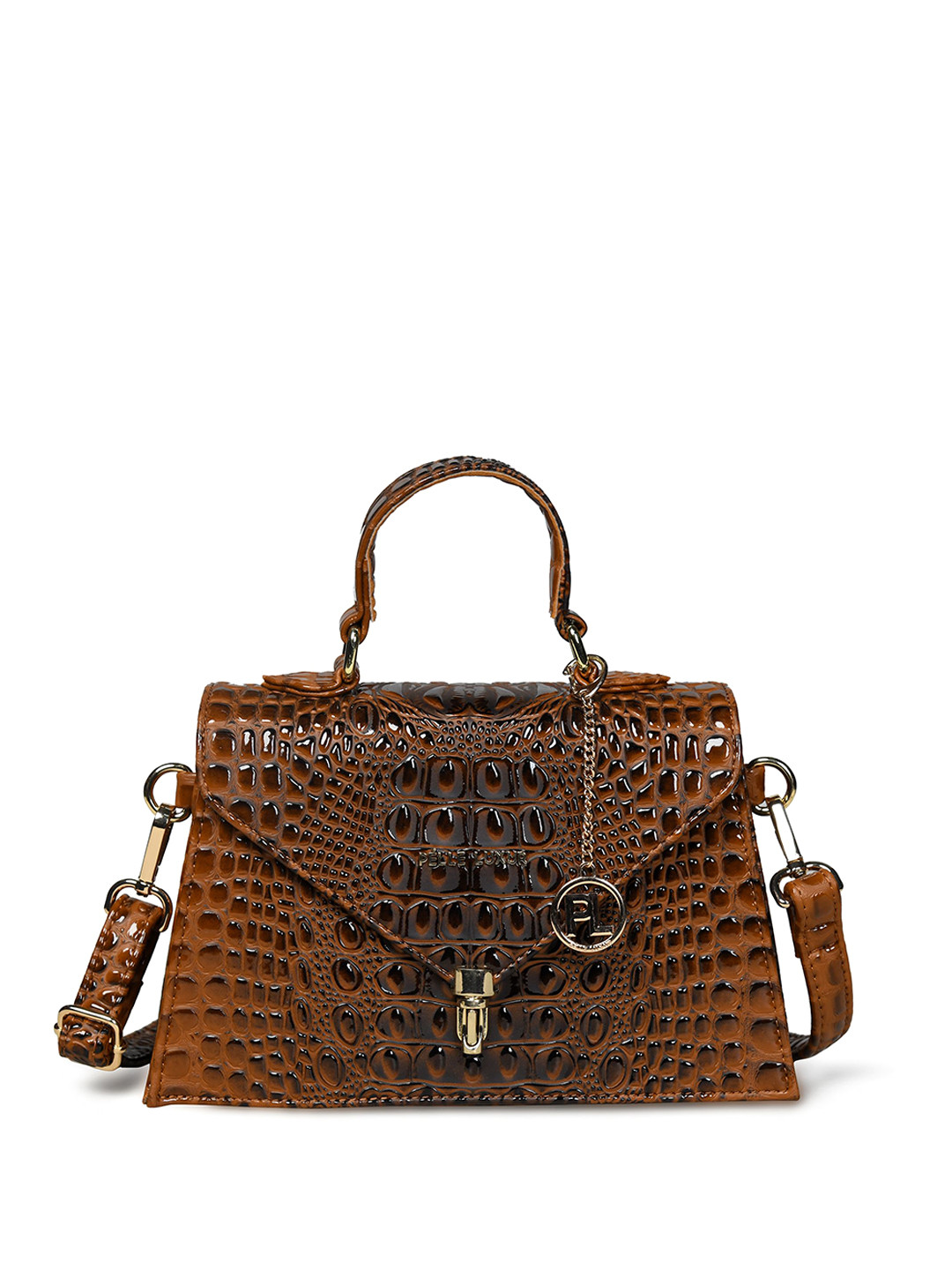 

PELLE LUXUR Animal Textured PU Structured Satchel with Cut Work, Brown