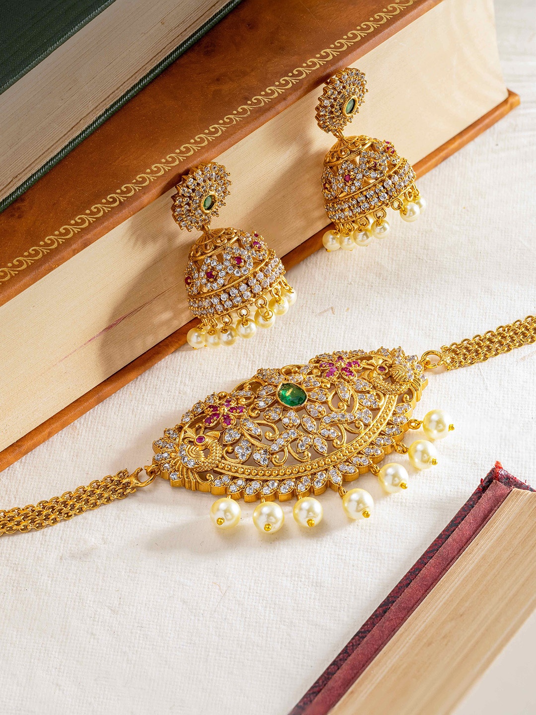 

Vriksham Gold-Plated Stone Studded & Beaded Antique Jewellery Set