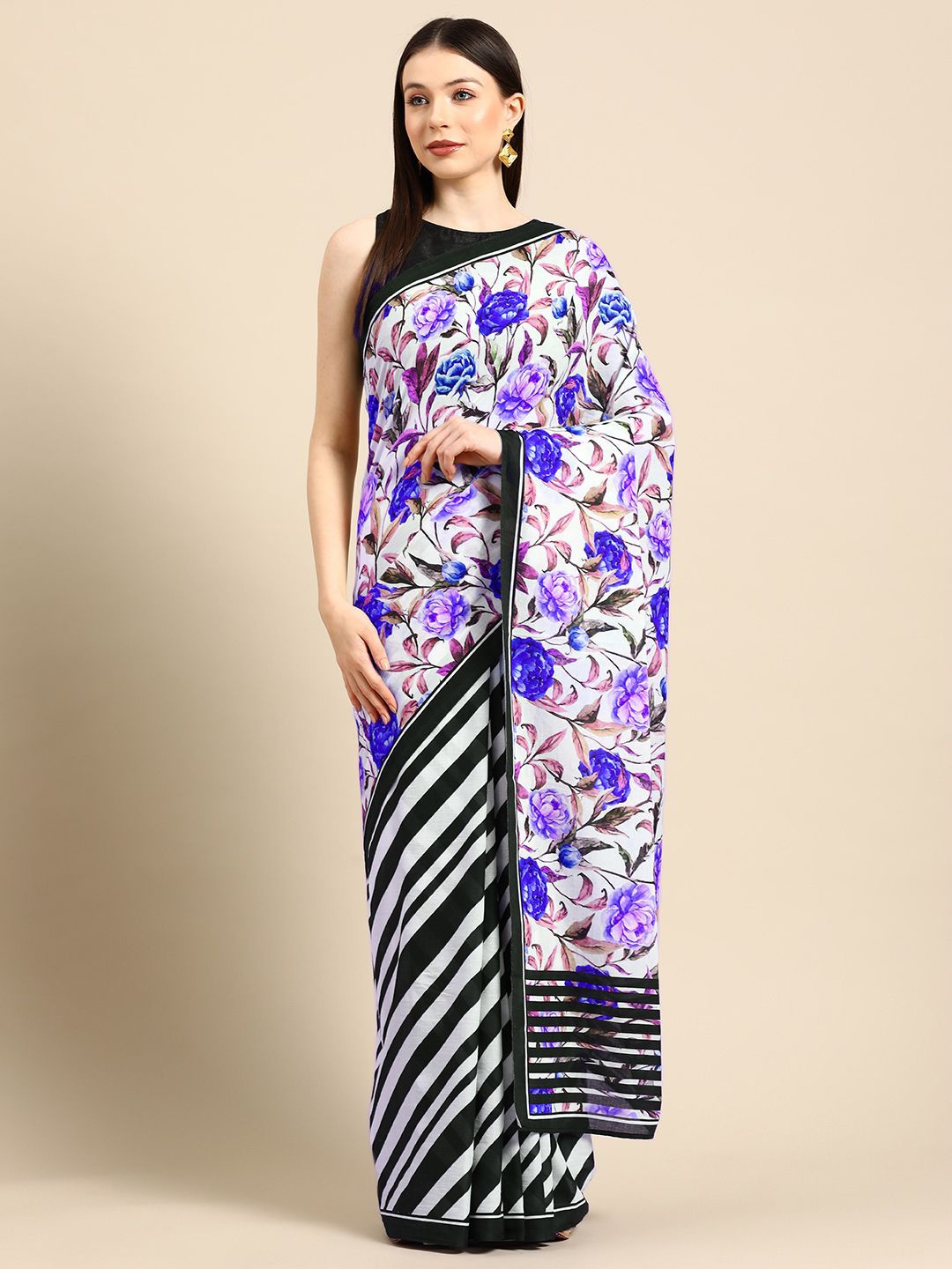 

BUTA BUTI Floral Pure Cotton Saree, Navy blue