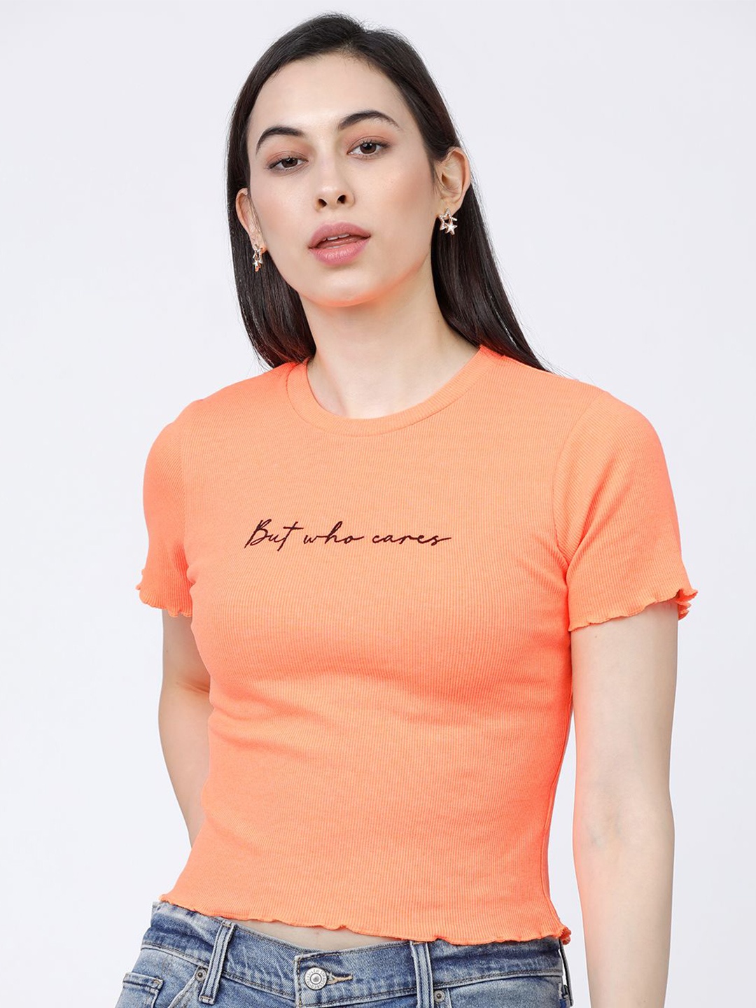 

Tokyo Talkies Women Typography Printed Round Neck Top, Orange