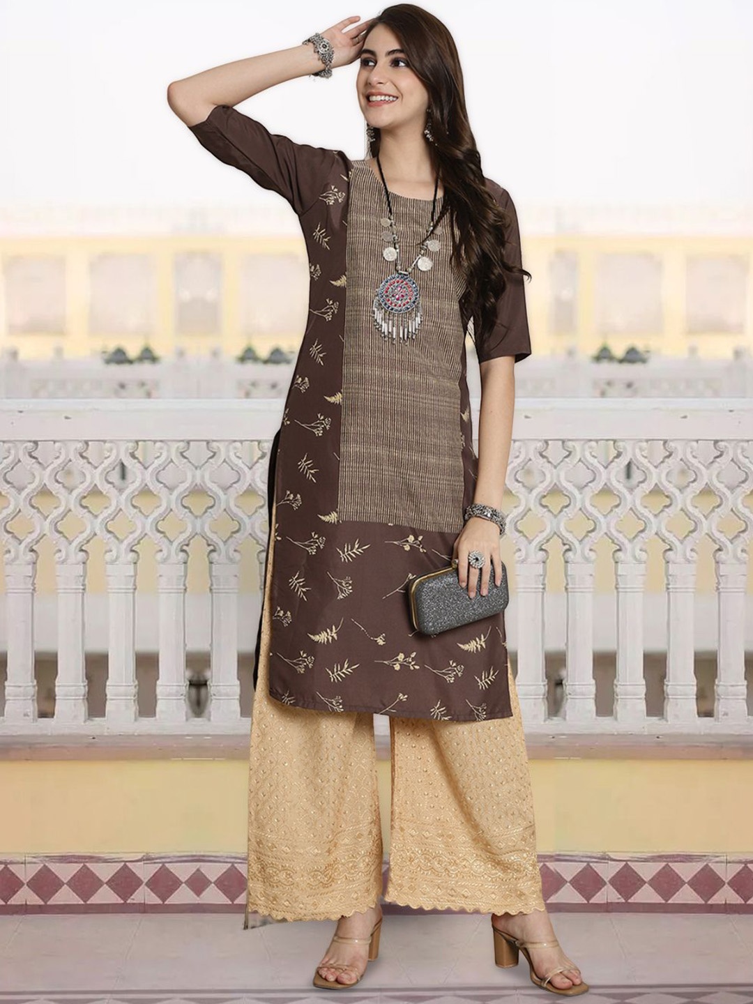 

7Threads Floral Printed Round Neck Straight Kurta, Coffee brown