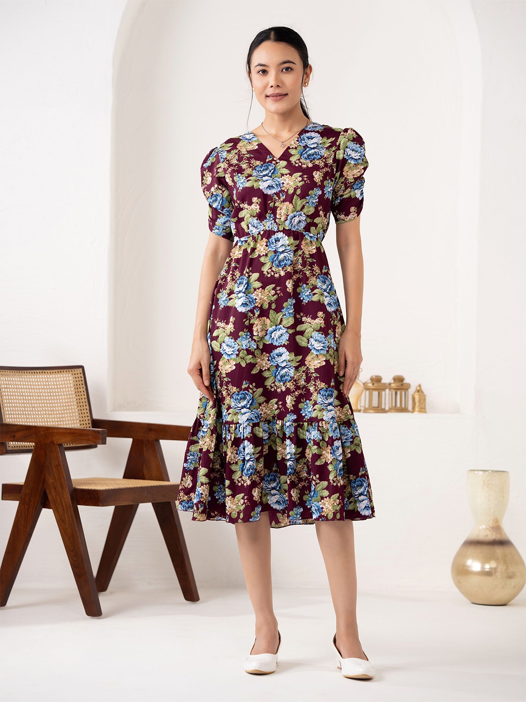 

DressBerry Floral Print Puff Sleeve Crepe Fit & Flare Midi Dress, Burgundy