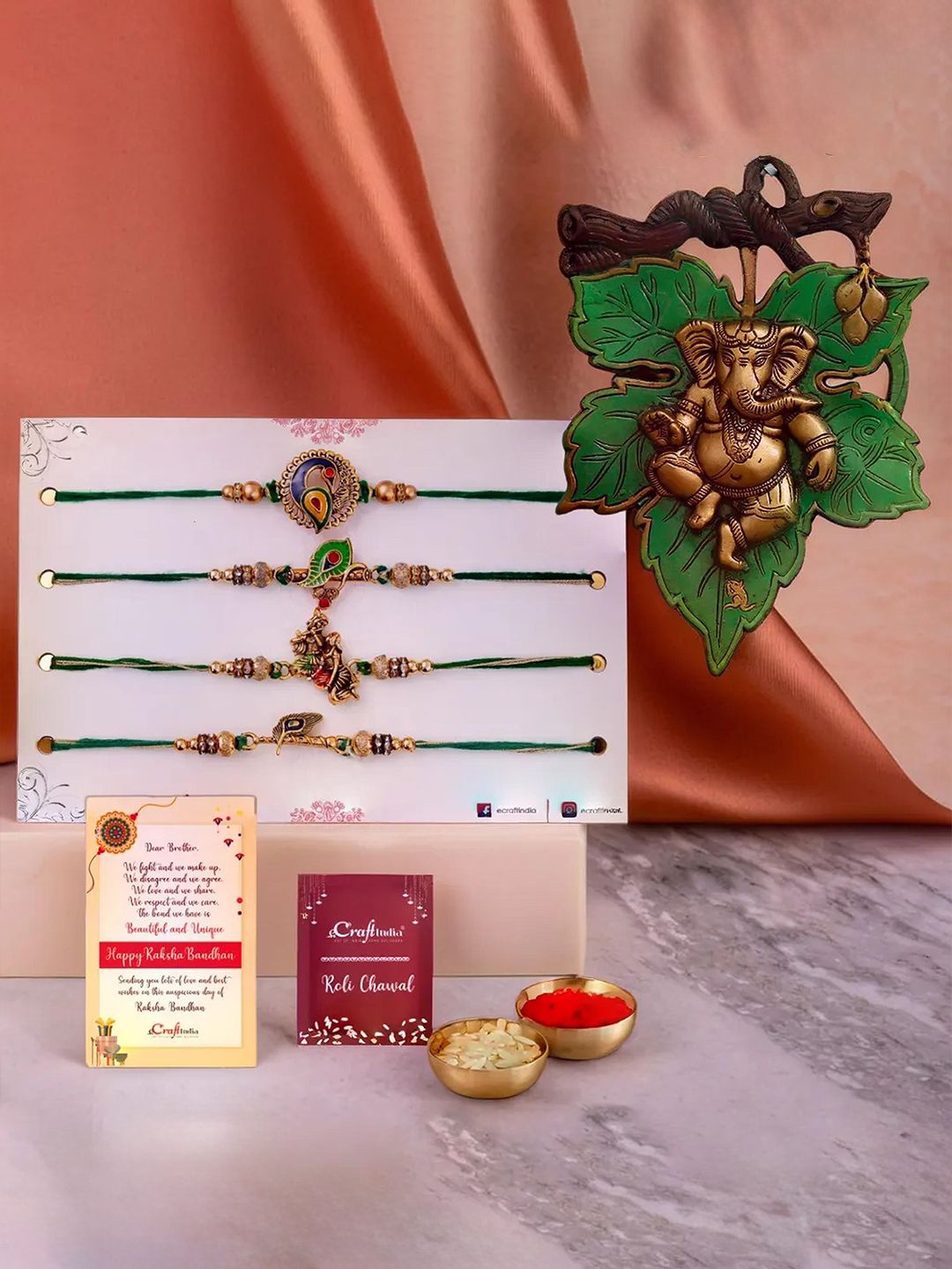 

eCraftIndia Set Of 5 Rakhis With Wall Hanging & Roli Chawal, Gold