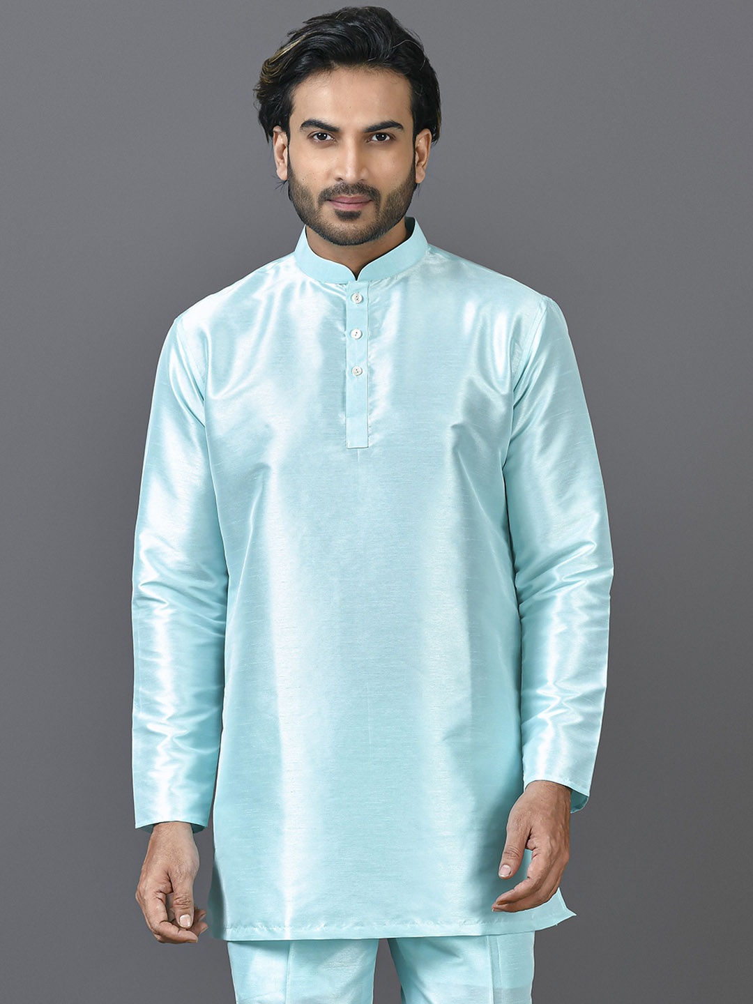 

Sayisha Mandarin Collar Long Sleeves Cotton Straight Short kurta, Blue