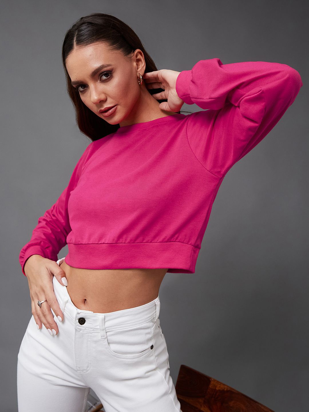 

Miss Chase Women Solid Full Sleeve Round Neck Cotton Crop Tops, Pink
