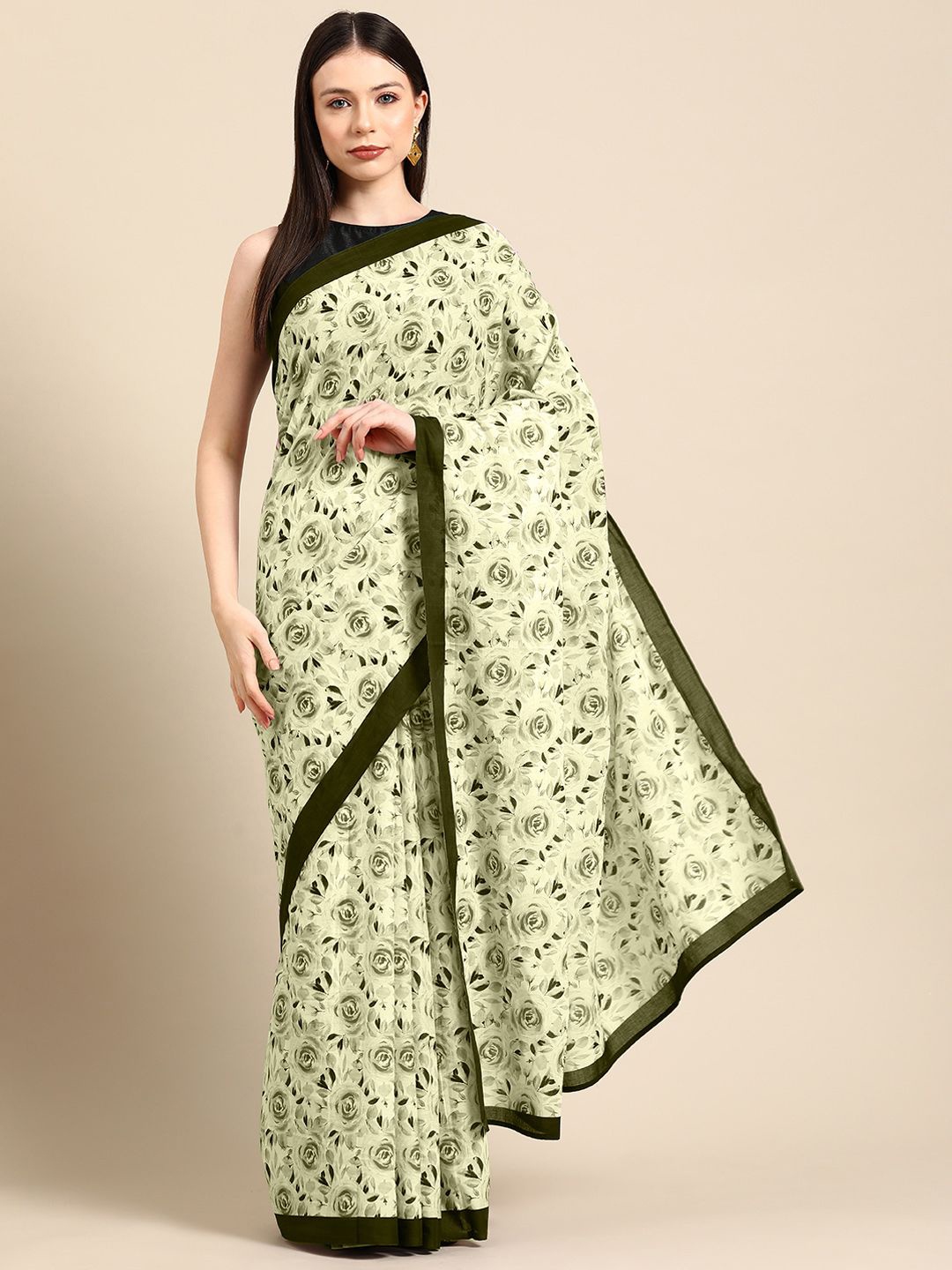 

BUTA BUTI Floral Printed Pure Cotton Saree, Lime green