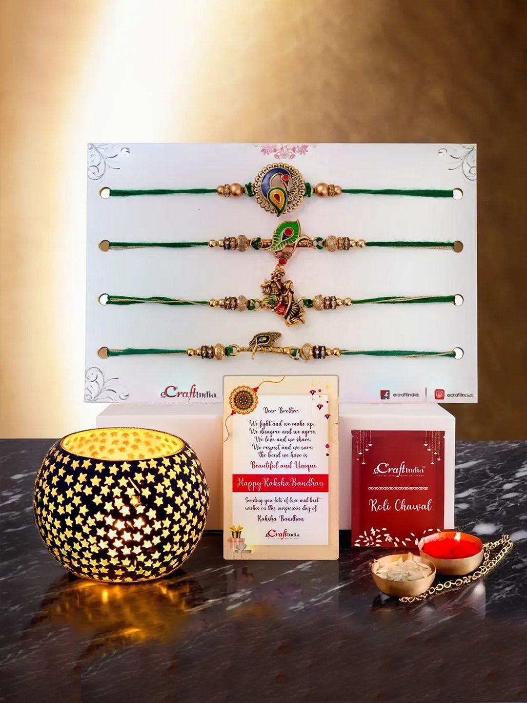 

eCraftIndia Set Of 5 Rakhi With Tea Light Holder Gift Set, Gold