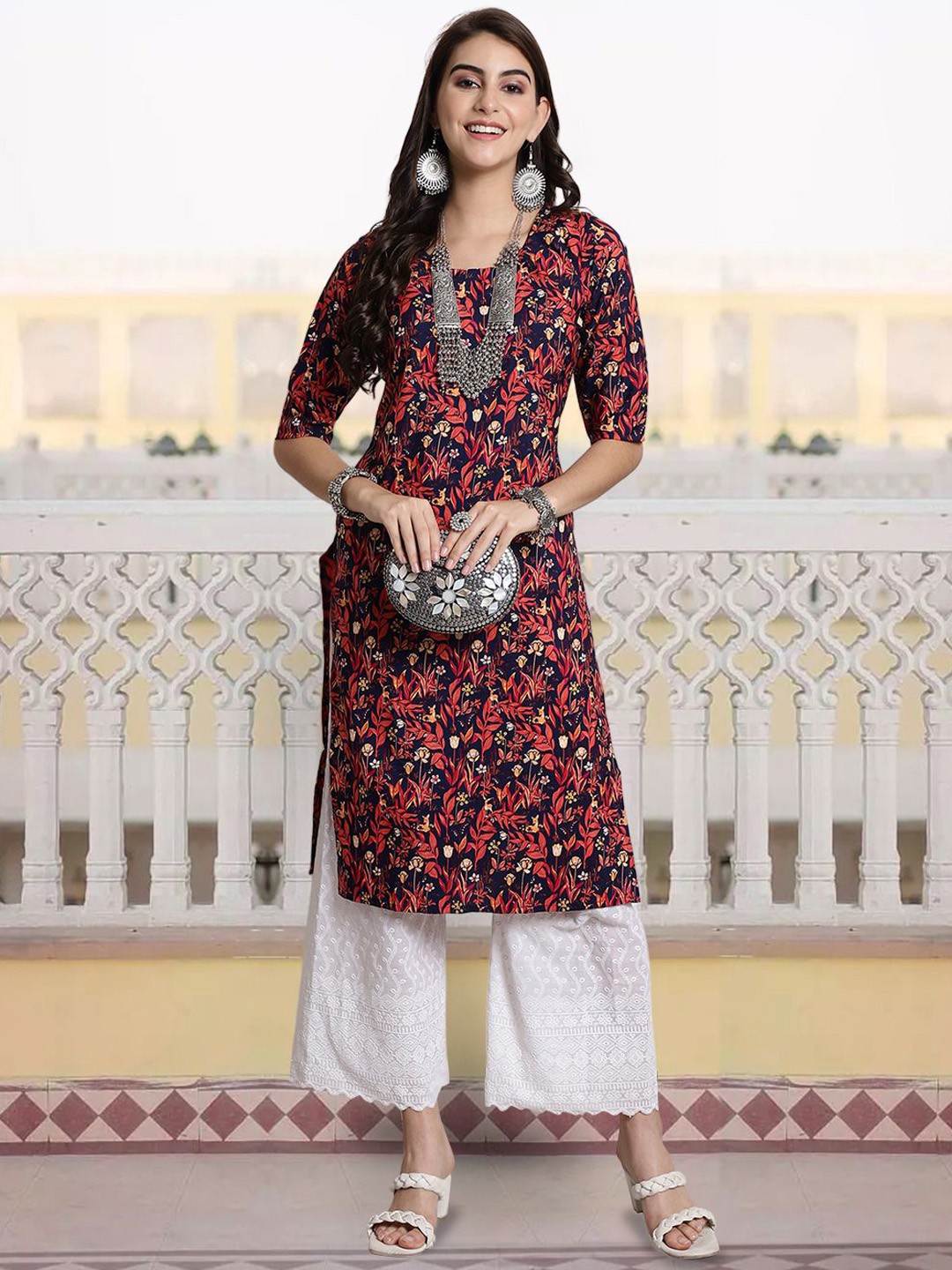 

7Threads Floral Printed Round Neck Straight Kurta, Navy blue