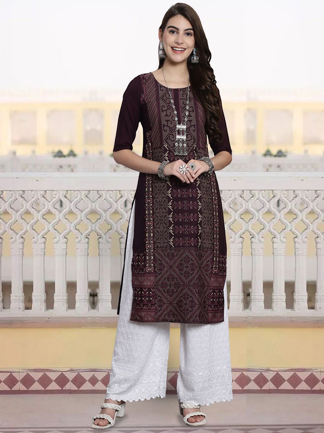 

7Threads Geometric Printed Round Neck Straight Kurta, Brown