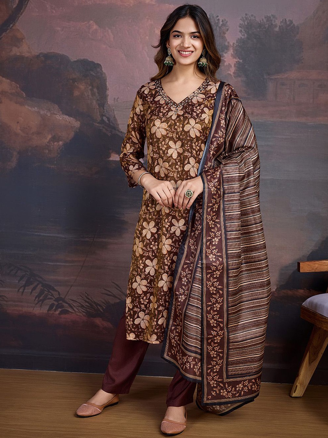 

House of Pataudi Floral Printed A-Line Kurta With Trouser & Dupatta, Brown