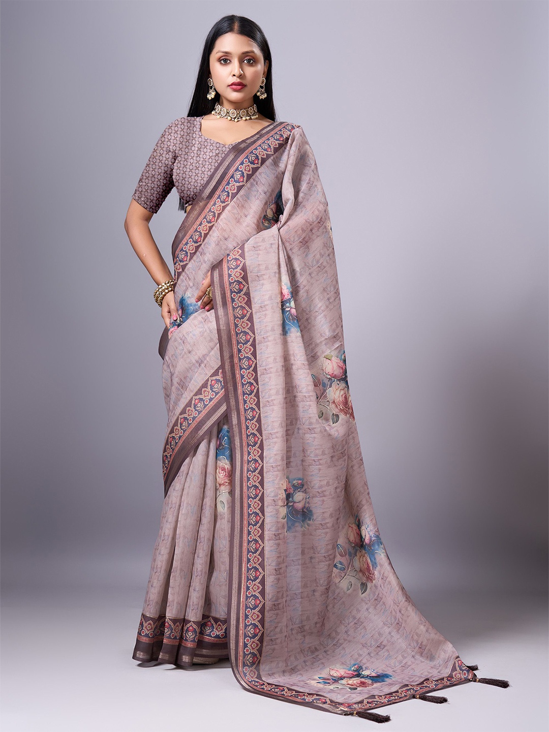 

Sanwariya Silk Floral Zari Organza Block Print Saree, Brown