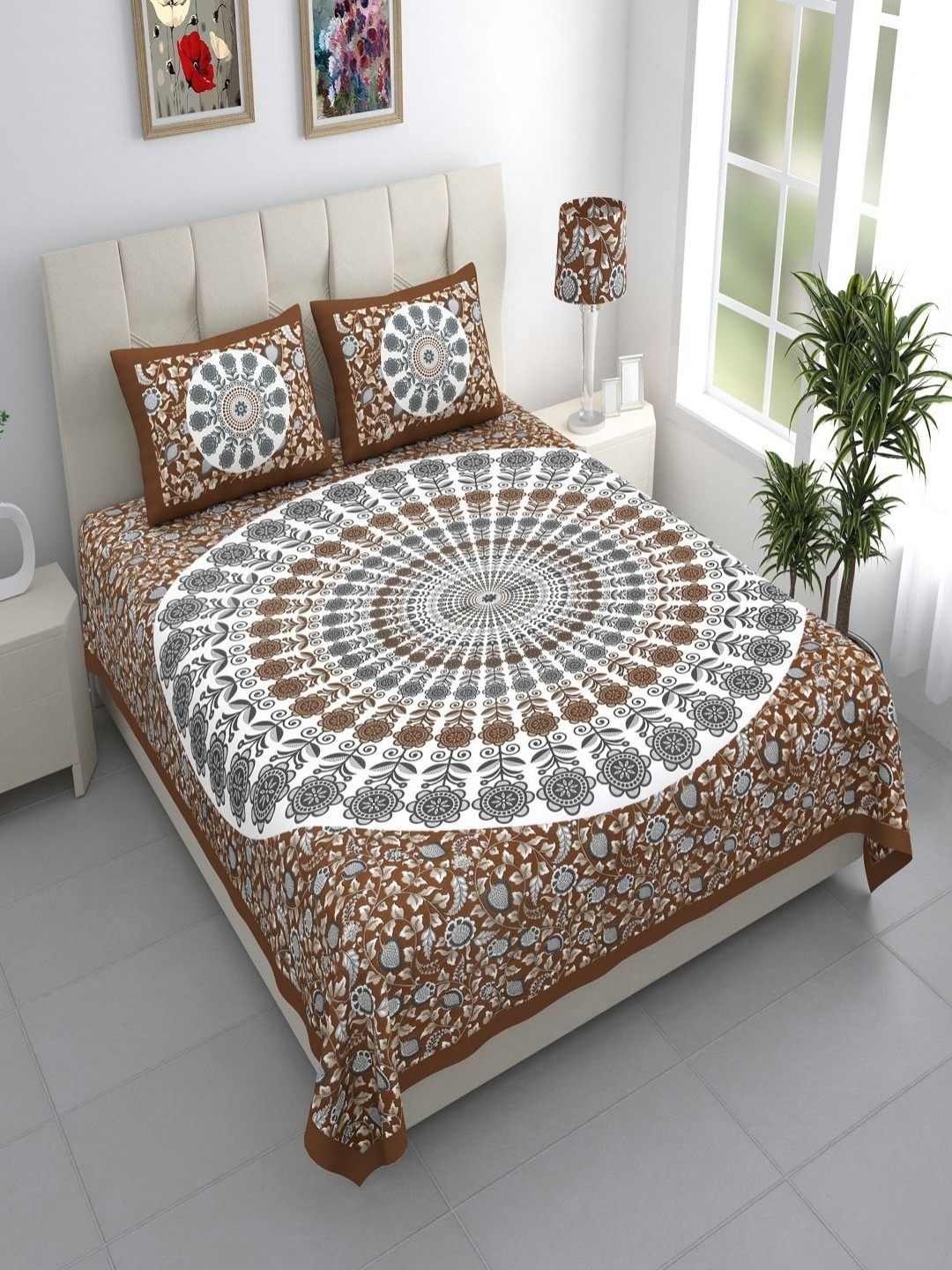 

Aura Brown & White Floral 144 TC King Bedsheet with 2 Pillow Covers