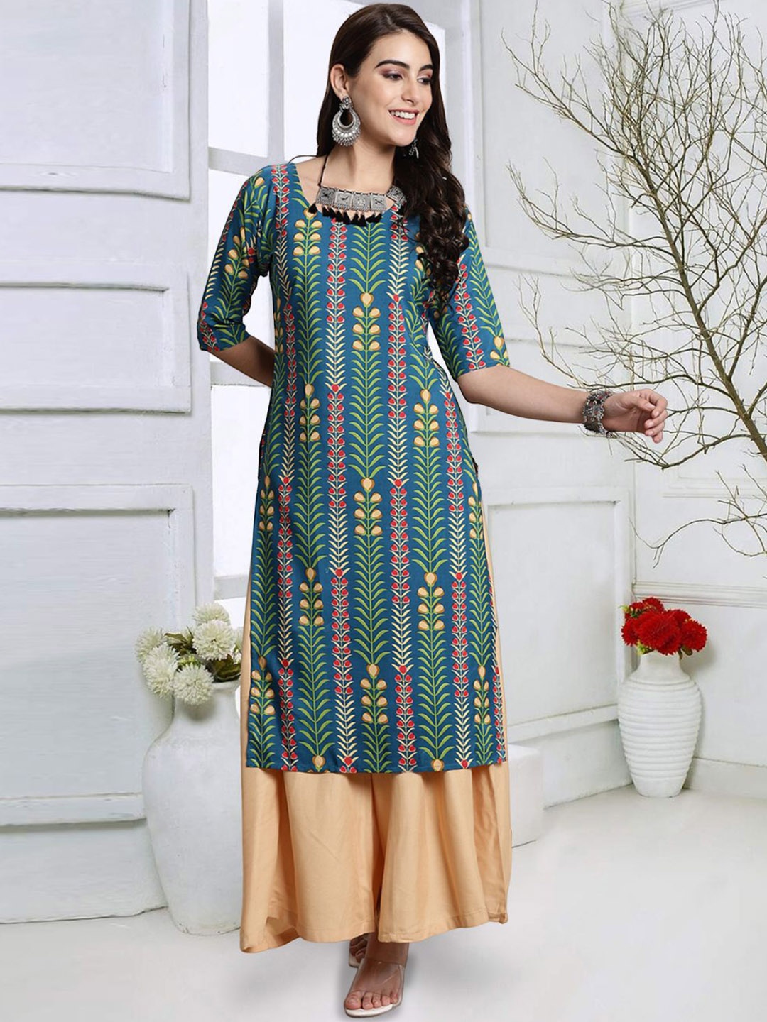 

7Threads Floral Printed Round Neck Three-Quarter Sleeves Straight Kurta, Green