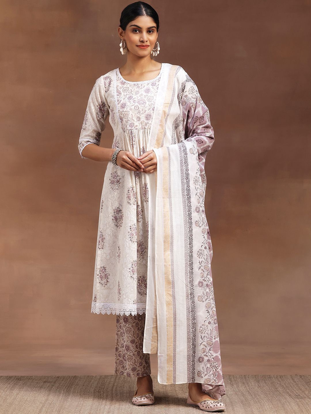 

Libas Floral Printed Pleated Pure Cotton Kurta with Trousers & Dupatta, White