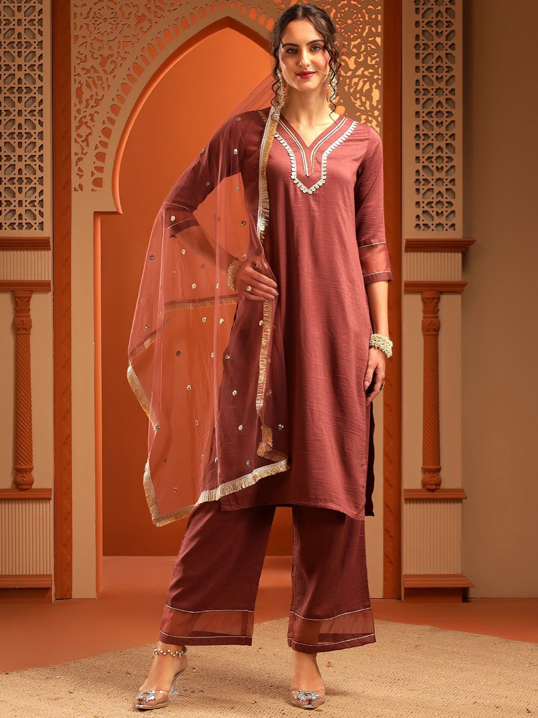 

Bani Women Striped Yoke Design Gotta Patti V-Neck Straight Kurta With Palazzos & Dupatta, Brown