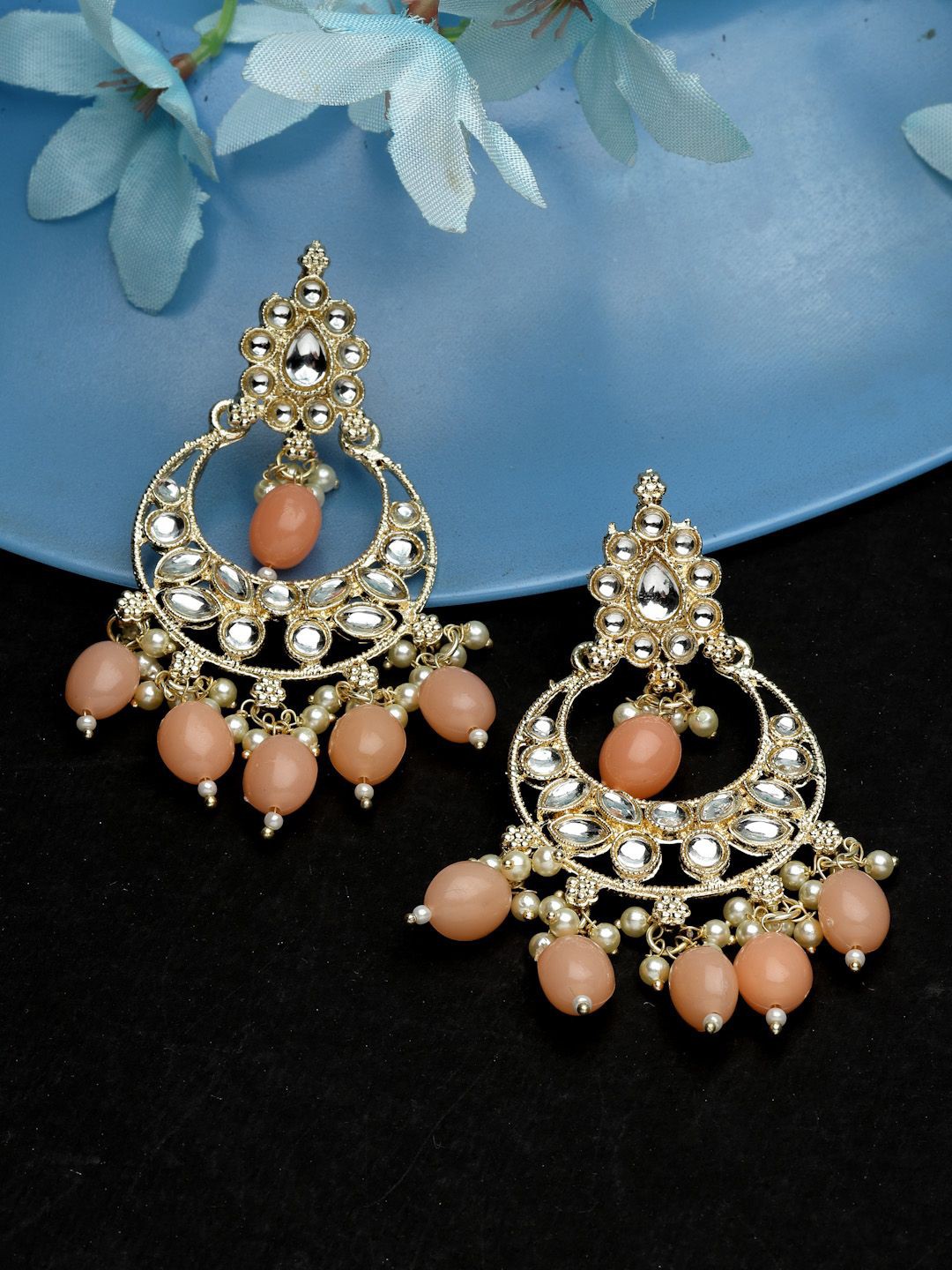 

ZENEME Gold Plated Teardrop Shaped Kundan Chandbalis, Orange