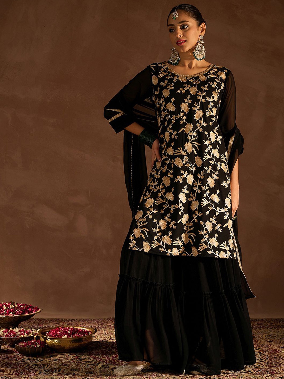 

Indo Era Floral Embroidered Thread Work Straight Kurta With Sharara & Dupatta, Black