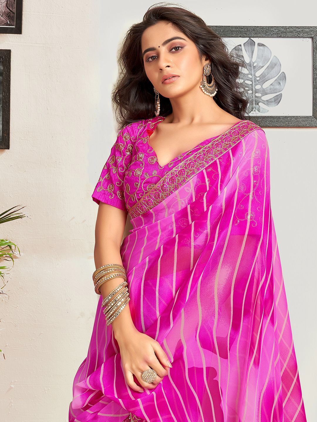 

Mitera Leheriya Sequinned Pure Georgette Leheriya Saree, Magenta