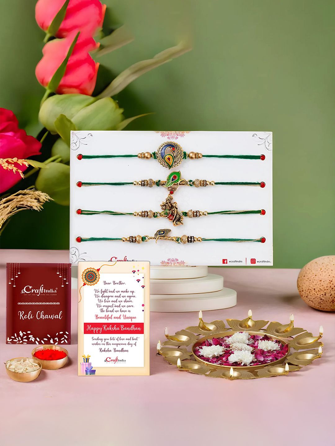 

eCraftIndia Set of 5 Designer Rakhis With Metal Urli with Lotus Shape Diyas, Gold