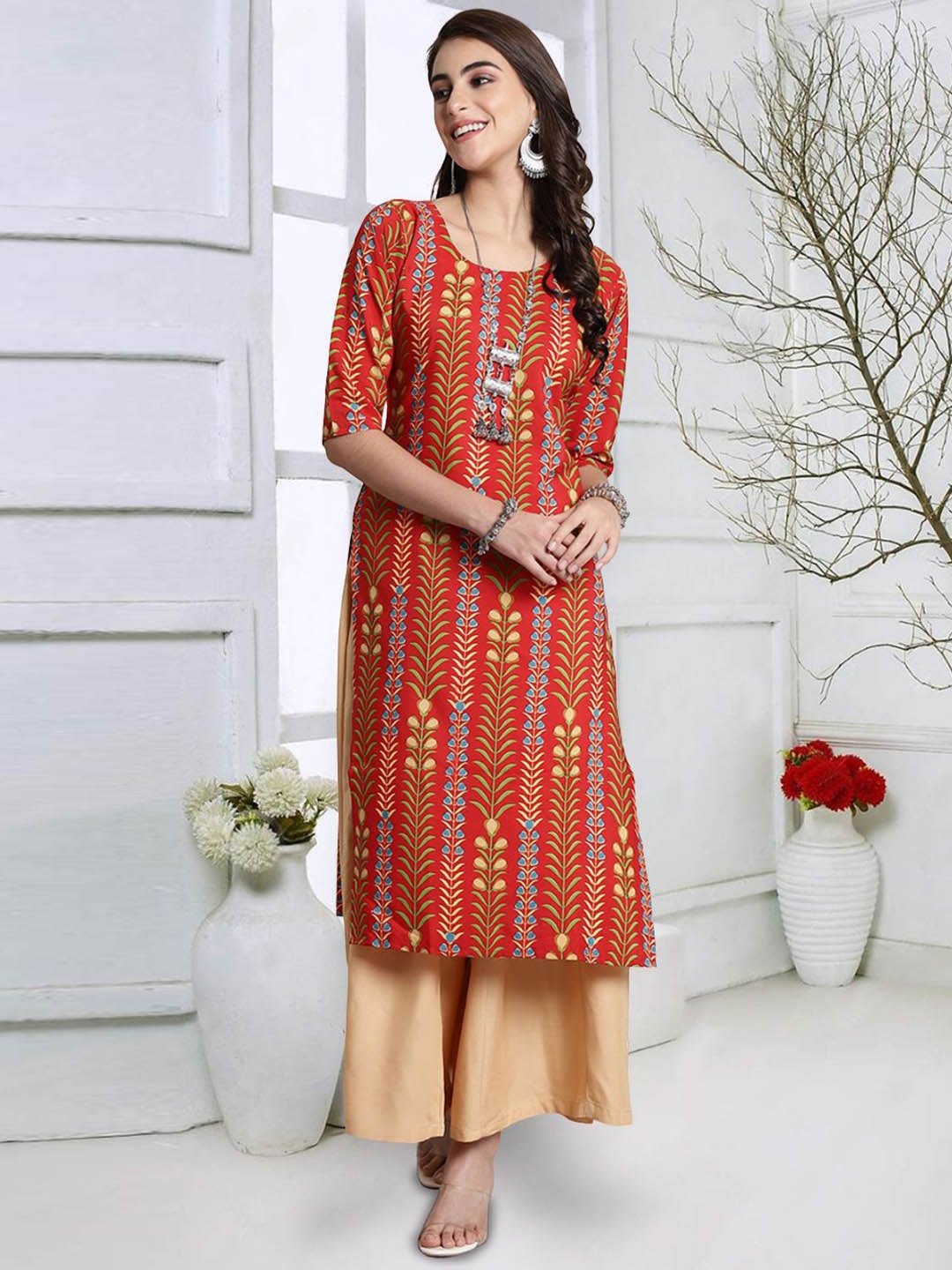 

7Threads Floral Printed Round Neck Regular Crepe Straight Kurta, Red