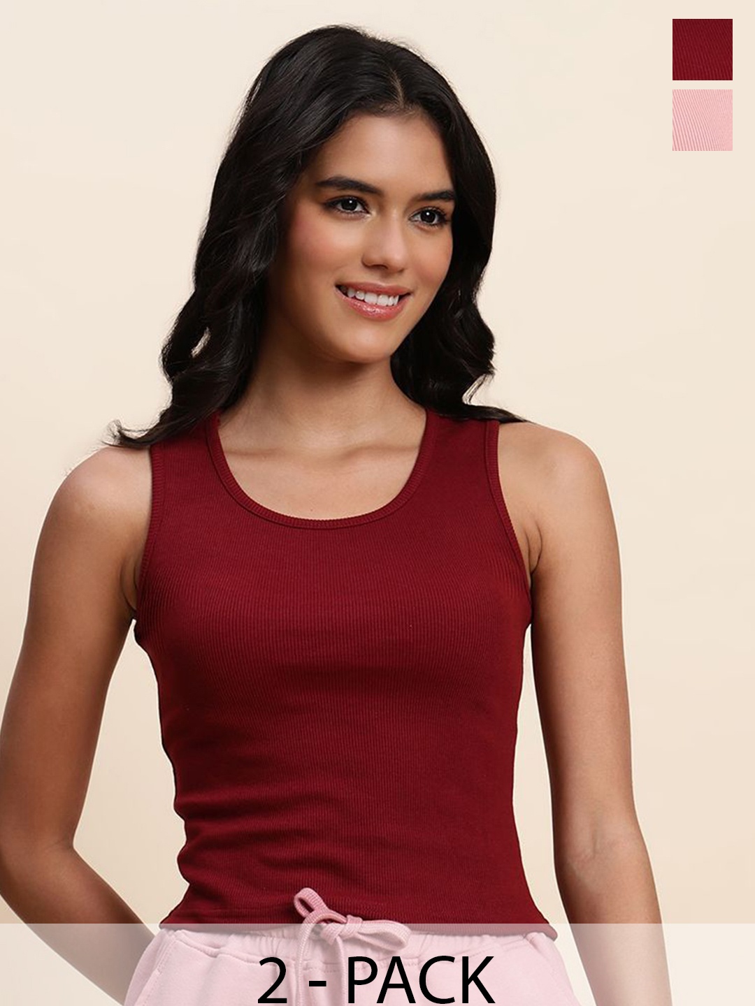 

UnaOne Women Pack Of 2 Solid Round Neck Cotton Tops, Maroon