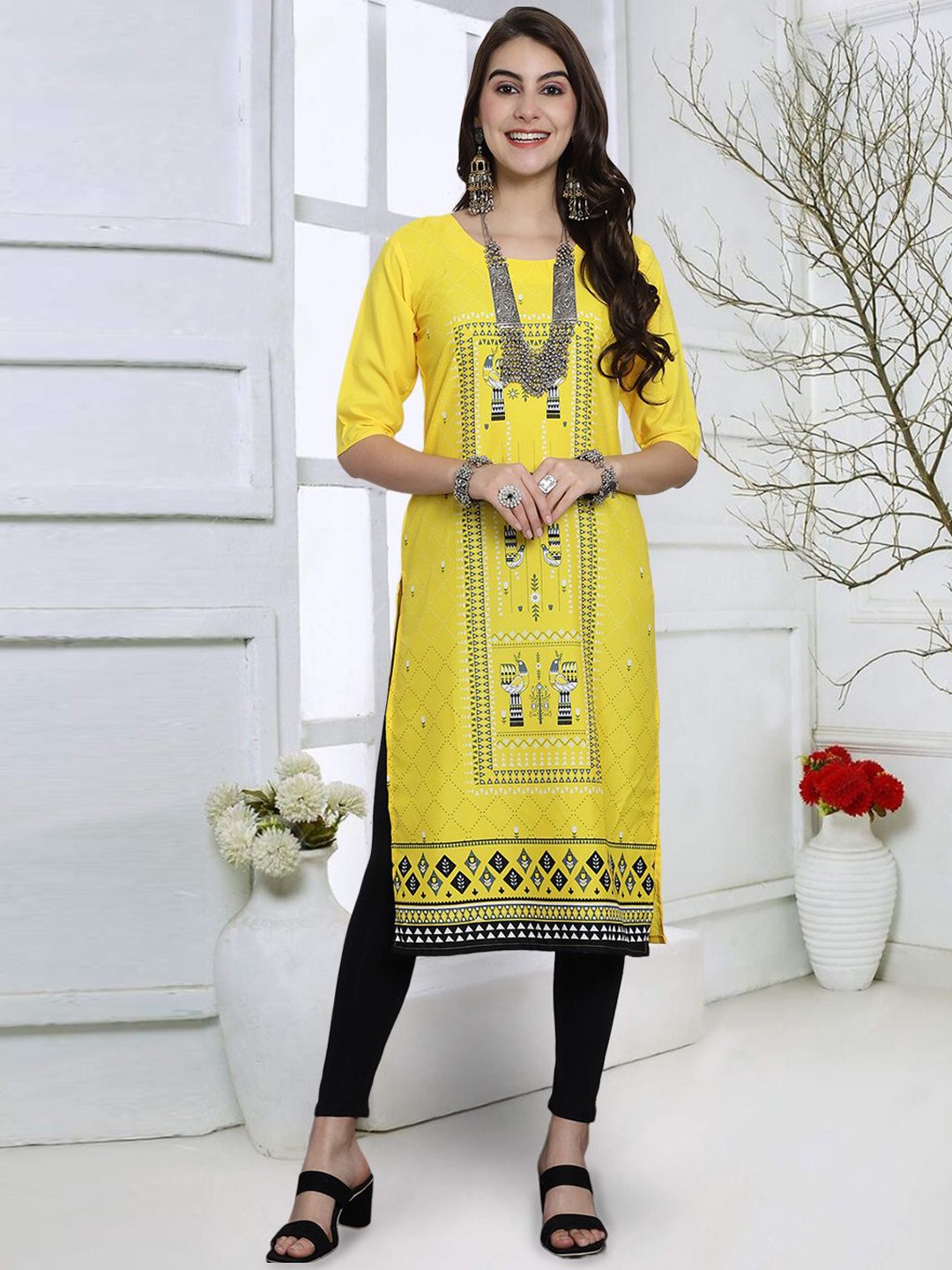 

7Threads Ethnic Motifs Printed Crepe Straight Kurta, Yellow