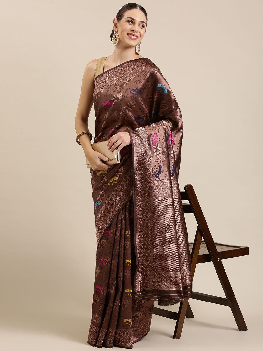 

KIMISHA Women Woven Design Floral Printed Saree With Zari Border, Brown
