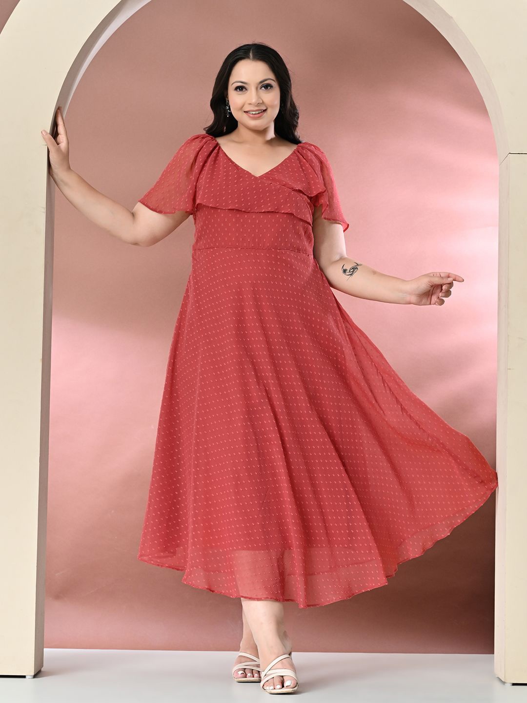 

PrettyPlus by Desinoor.com Plus Size Flared Sleeve Fit & Flare Midi Dress, Red