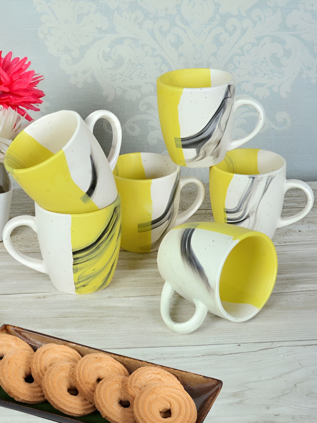 

FABINALIV Set of 6 Yellow & Cream-Coloured Printed Ceramics Matte Cups