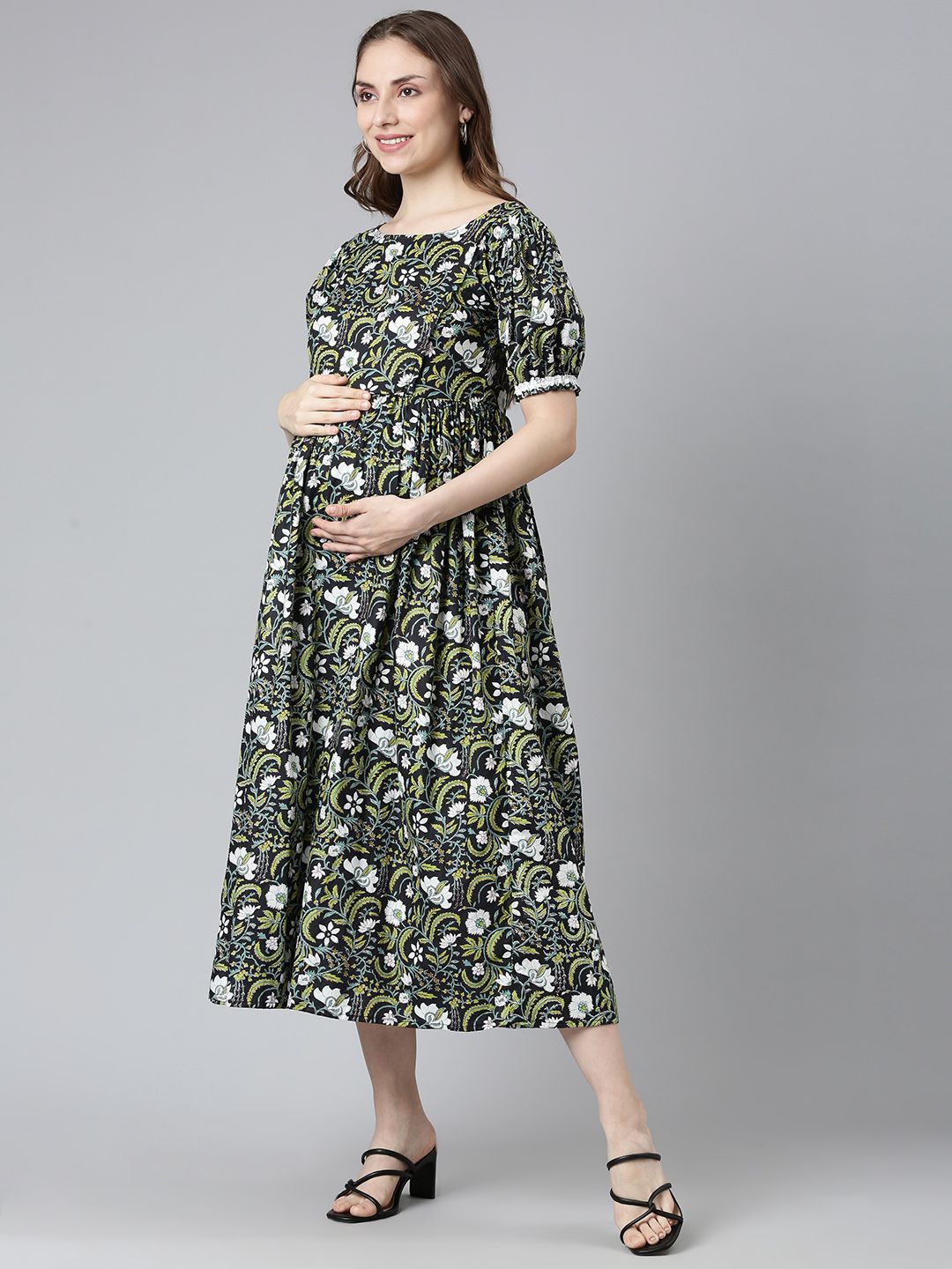 

Swishchick Floral Print Puff Sleeve Maternity Fit & Flare Maxi Dress, Navy blue