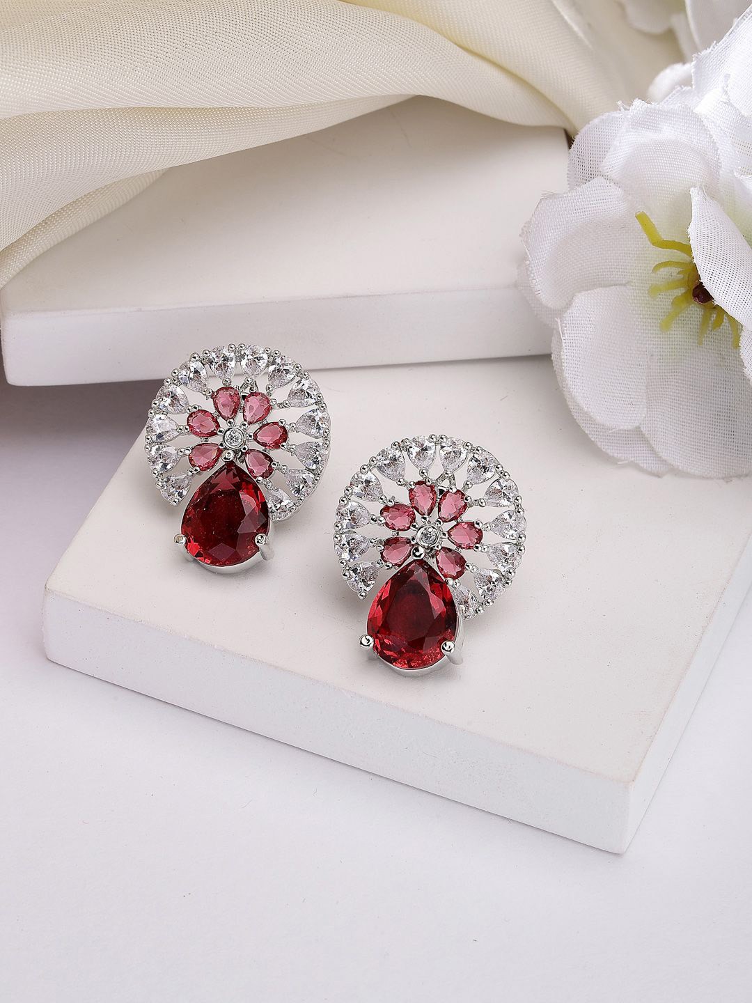 

ZENEME Rhodium Plated American Diamond Studded Earrings, Red