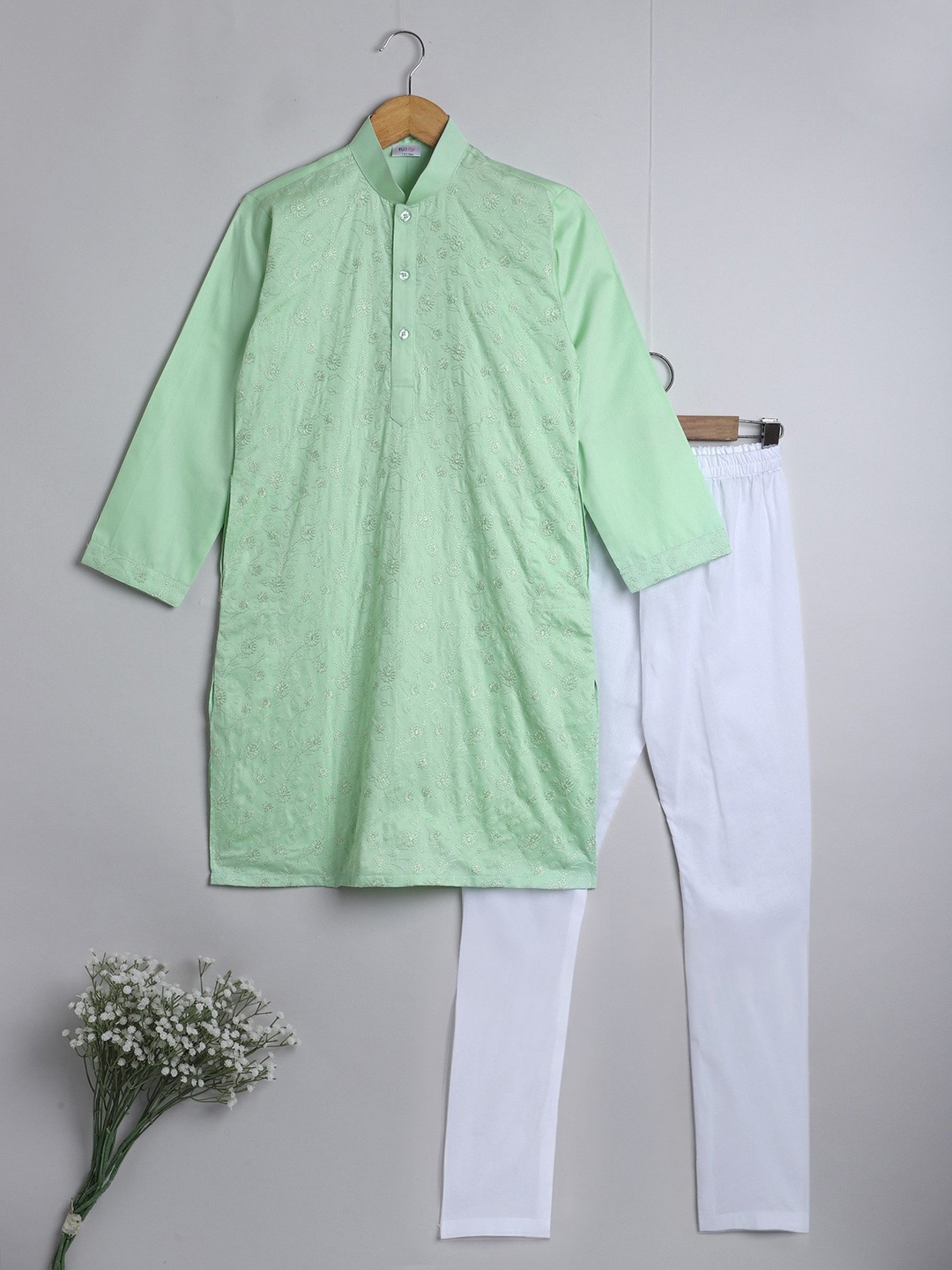 

Little Clothings Boys Floral Embroidered Mandarin Collar Cotton Silk Kurta With Churidar, Green