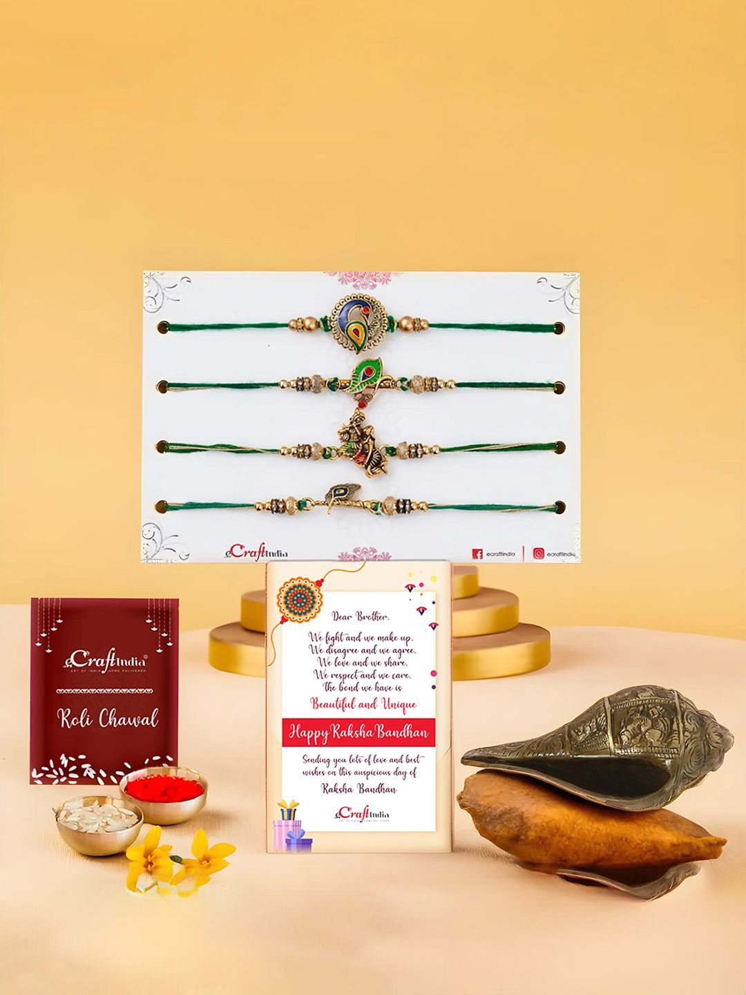 

eCraftIndia Set Of 5 Radha Krishna &Peacock Rakhis With Ganesha Design Conch Shell Shankh, Gold