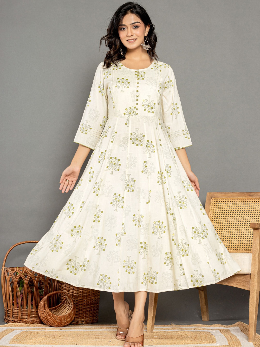 

Rouhab Ethnic Motifs Printed A-Line Midi Ethnic Dresses, White