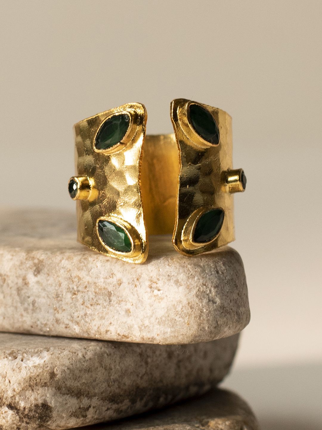 

XPNSV Gold-Plated Stone-Studded Adjustable Emerald Cascade Finger Ring