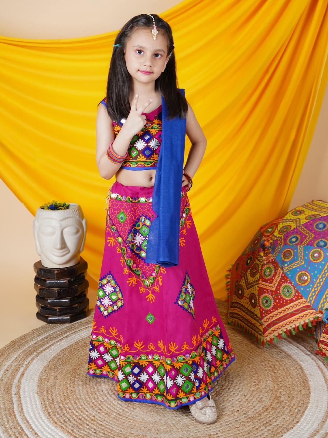 

ahhaaaa Girls Embroidered Mirror Work Cotton Ready to Wear Lehenga & Blouse With Dupatta, Pink