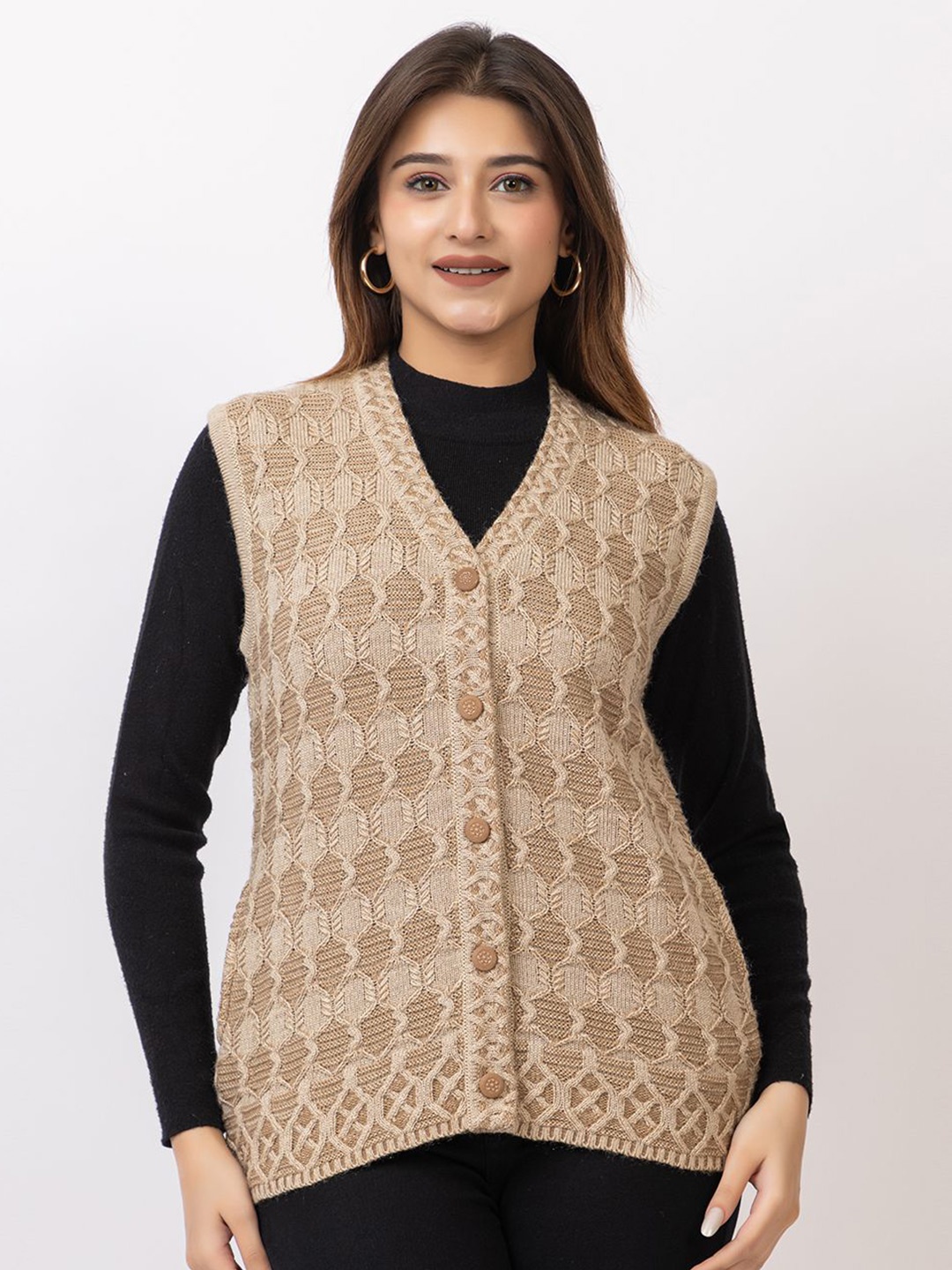 

TWENTY ME Women Cable Knit Woollen Cardigan, Camel brown