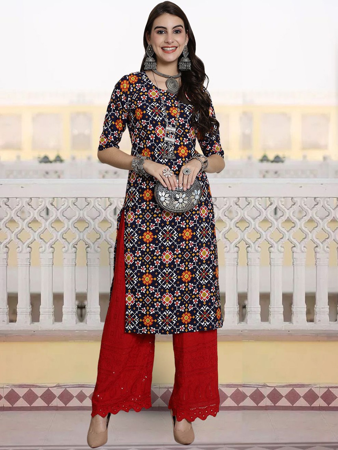 

7Threads Ethnic Motifs Printed Round Neck Straight Kurta, Black