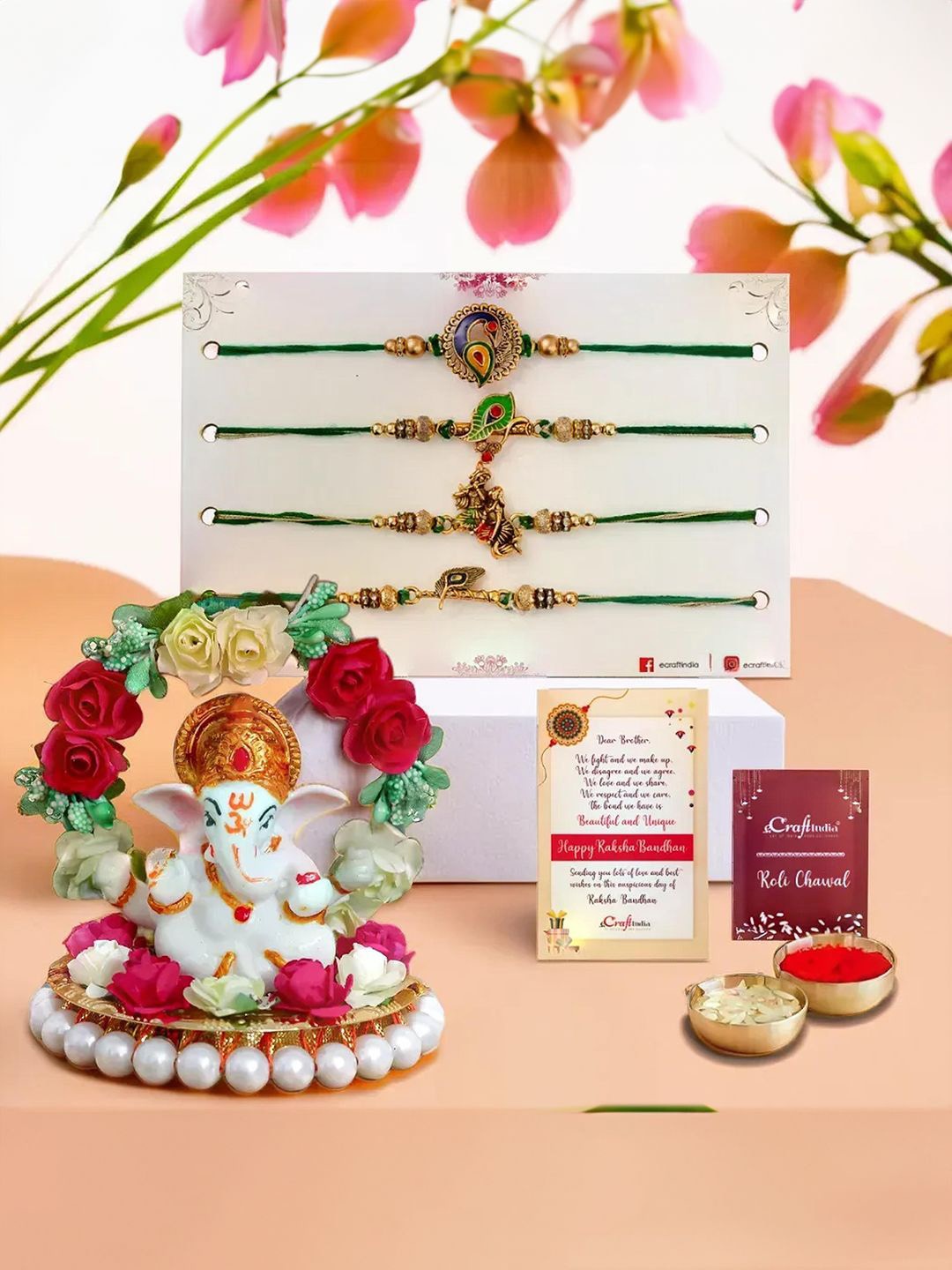 

eCraftIndia Set of 5 Thread Rakhi & Ganesha Idol With Roli Chawal, Gold