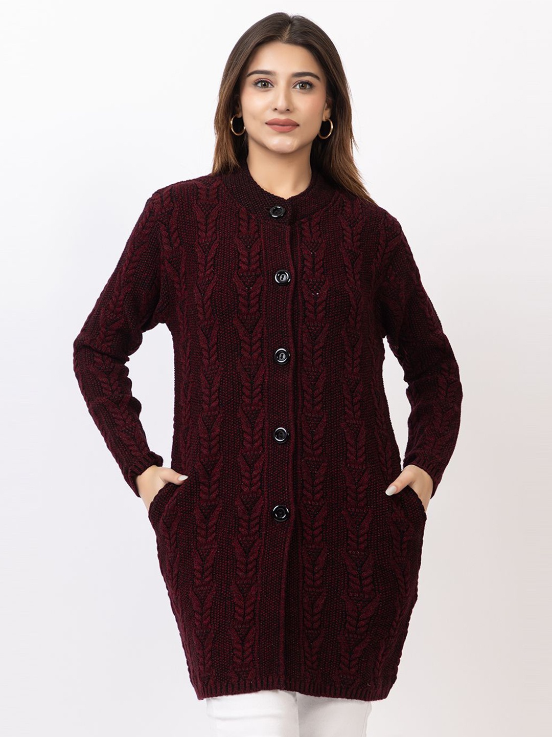

TWENTY ME Women Floral Woollen Cardigan with Embroidered Detail, Maroon