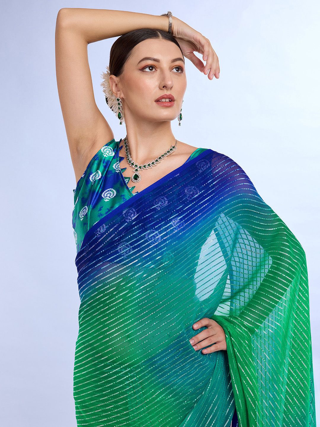 

Ishin Striped Saree with blouse piece, Green