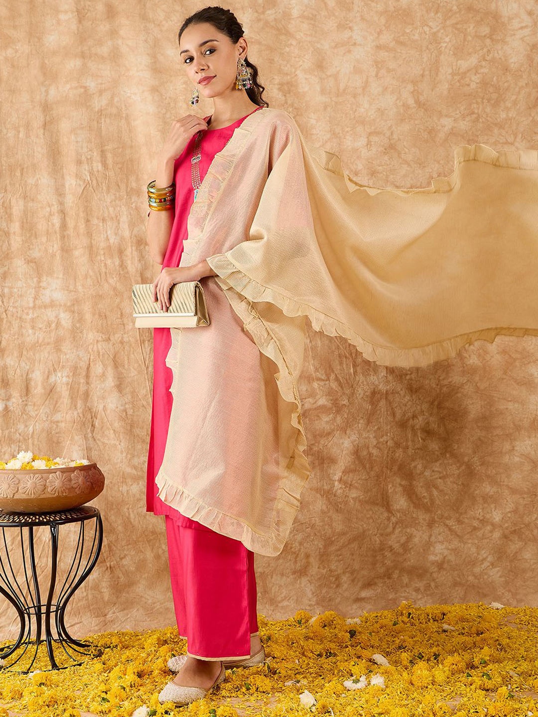 

Indo Era Ethnic Motifs Yoke Design Straight Thread Work Liva Kurta with Palazzos & Dupatta, Pink