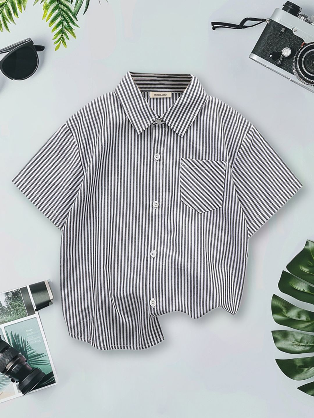 

INCLUD Boys Spread Collar Striped Casual Shirt, Black