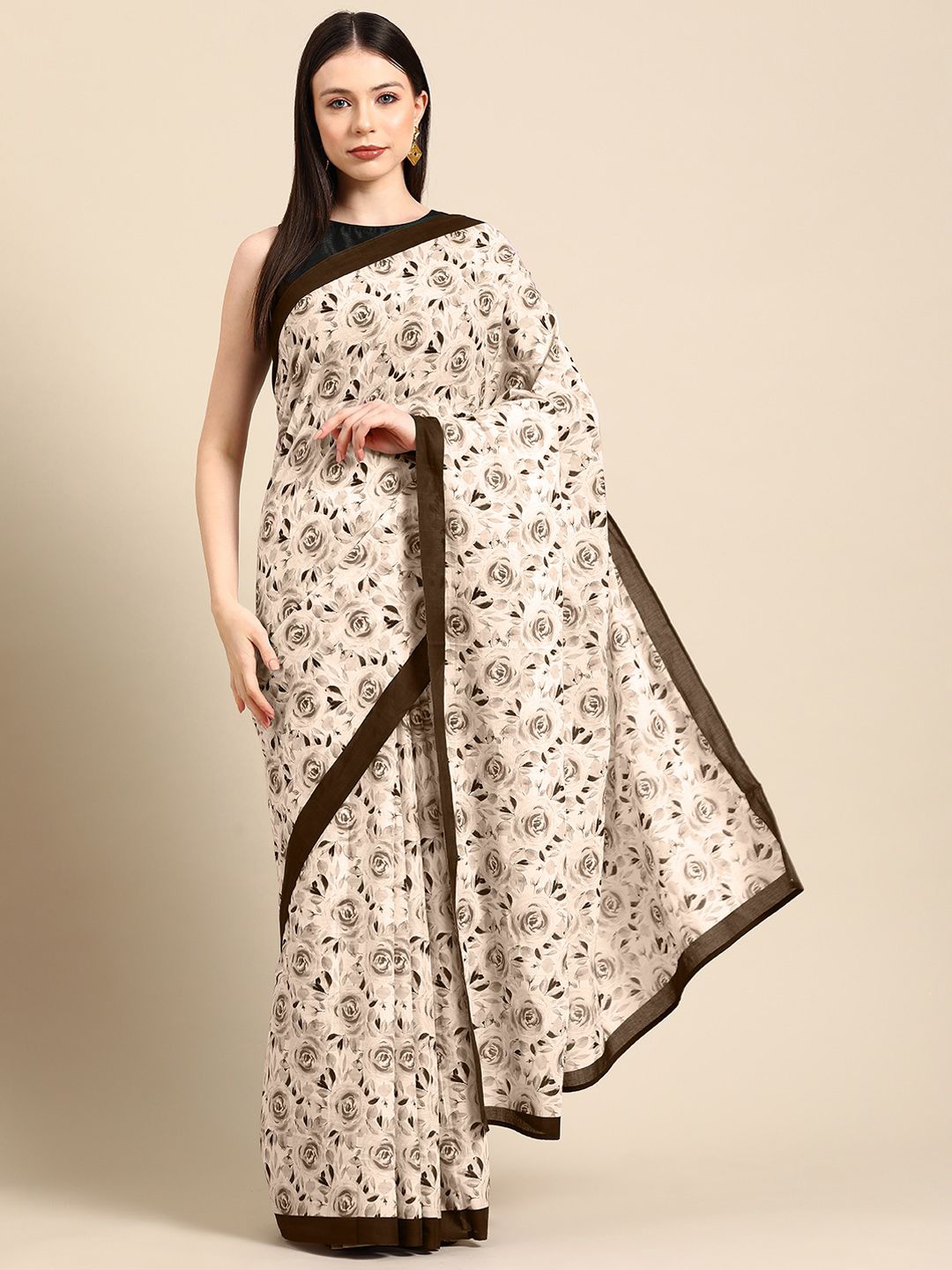 

BUTA BUTI Floral Printed Pure Cotton Ethnic Saree, Coffee brown