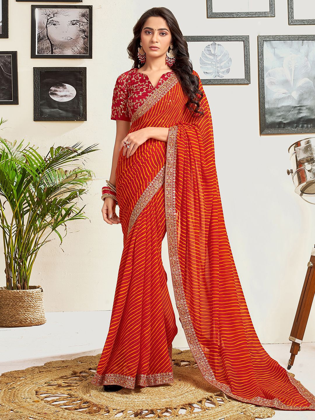 

Mitera Leheriya Sequinned Pure Georgette Saree, Red